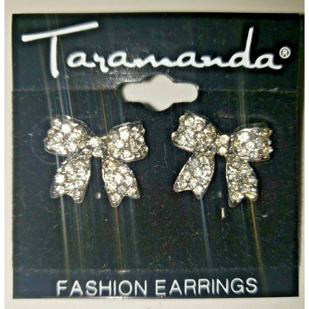 Silver Tone Bow with Rhinestones 3/4" Wide Unique Costume Jewelery Earrings